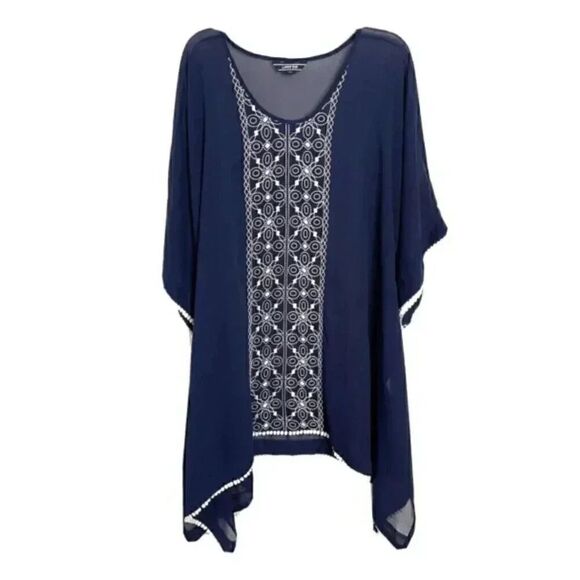 Lands' End Women's Navy Poly Georgette w White Embroidery Tunic Cover Up - Picture 1 of 11